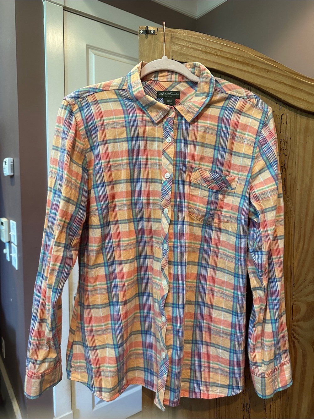 Eddie Bauer Peach Multi Plaid Long-Sleeve Button-Down Shirt